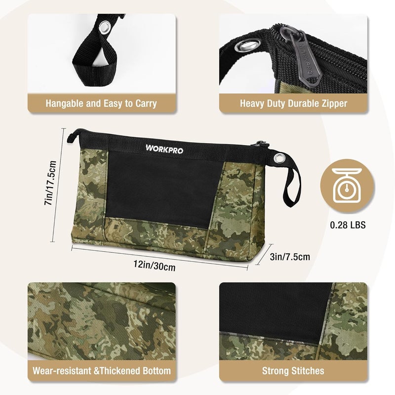 WORKPRO 12" Tool Pouches with Zipper, Heavy-Duty Small Tool Bag, Utility Small Tool Pouch for Tool Organizers and Storage, Mini Tool Bag, 3 Pack, Camo - Image 2